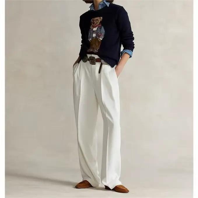 Classique brodé ours coton tricots coupe ample col rond polyvalent automne hiver femmes mode rue Style pull