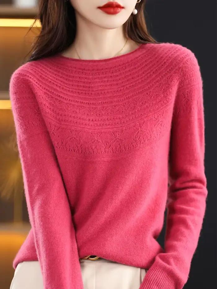 Femmes 100% laine mérinos pull automne hiver pulls col rond creux cachemire tricots femme basique fond vêtements hauts