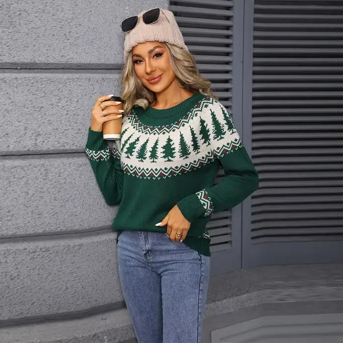 Pull de Noël féerique pour femmes avec motif arbre de Noël vert, style européen, coupe ample automne-hiver occasions spéciales