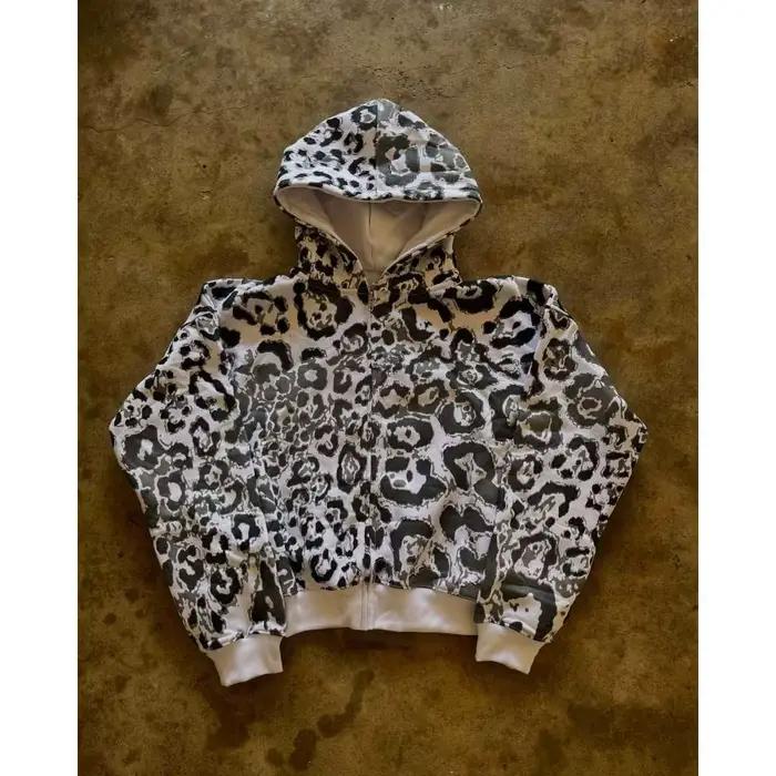 Trendy marque nouvelle européenne et américaine imprimé léopard cardigan à capuche haut lâche décontracté hip-hop pantalon large jambe ensemble