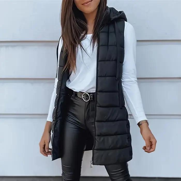 Femmes longue bouffante gilet polyester tissu fermeture éclair matelassé rembourré