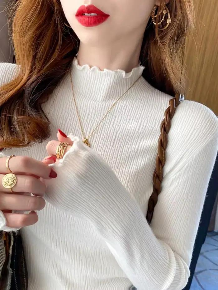 Pull col roulé froncé pour femme, tricoté moulant sexy rose blanc, nouvelle collection automne hiver 2026, très élastique et tendance, bureau dame, polyester et coton, taille unique