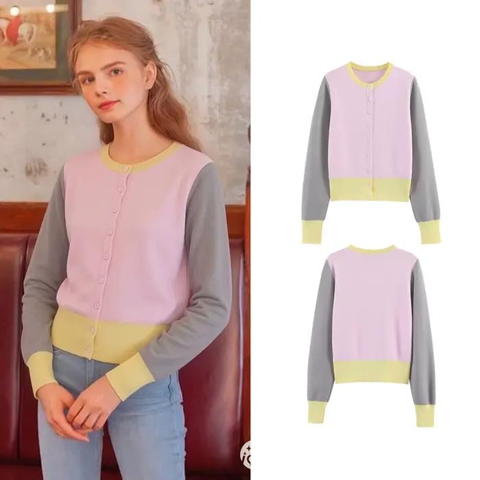 Cardigan en tricot rose et gris pour femme