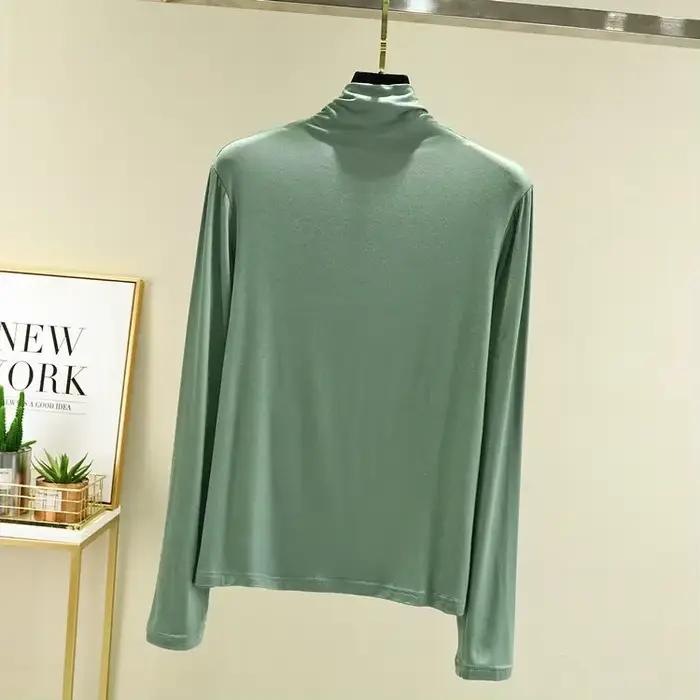 T-shirt à manches longues pour femme col roulé en modal basique pour automne polyvalent ajusté et confortable
