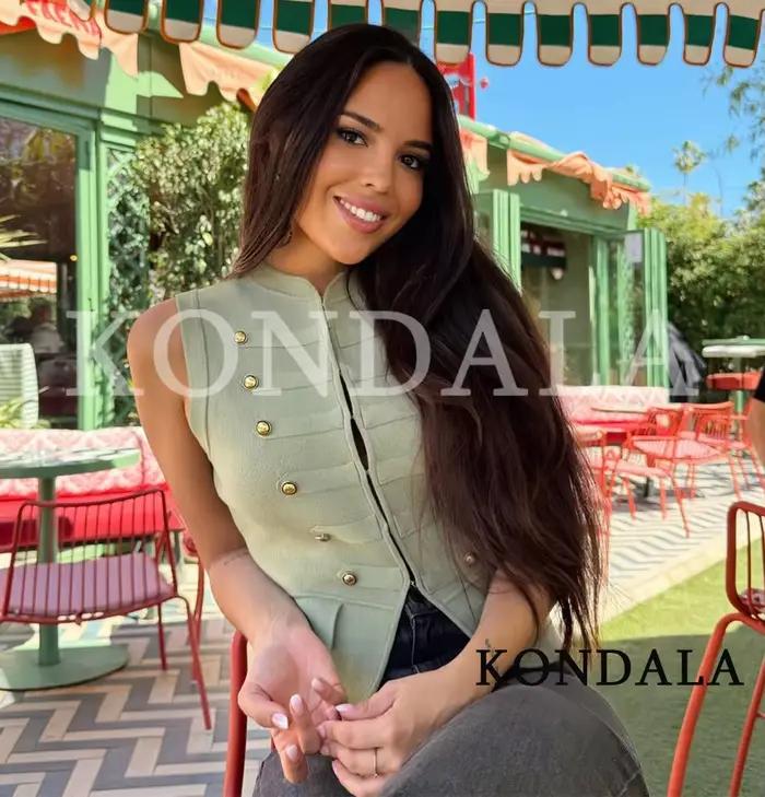 Gilet tricoté KONDALA élégant pour femme avec boutons vert armée pour printemps été haute street mode urbaine occasions spéciales