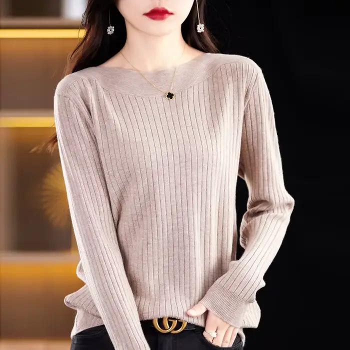 Pull décontracté à manches longues pour femmes, automne hiver, cou fendu, tricoté en coton et polyester, adapté pour toutes les occasions