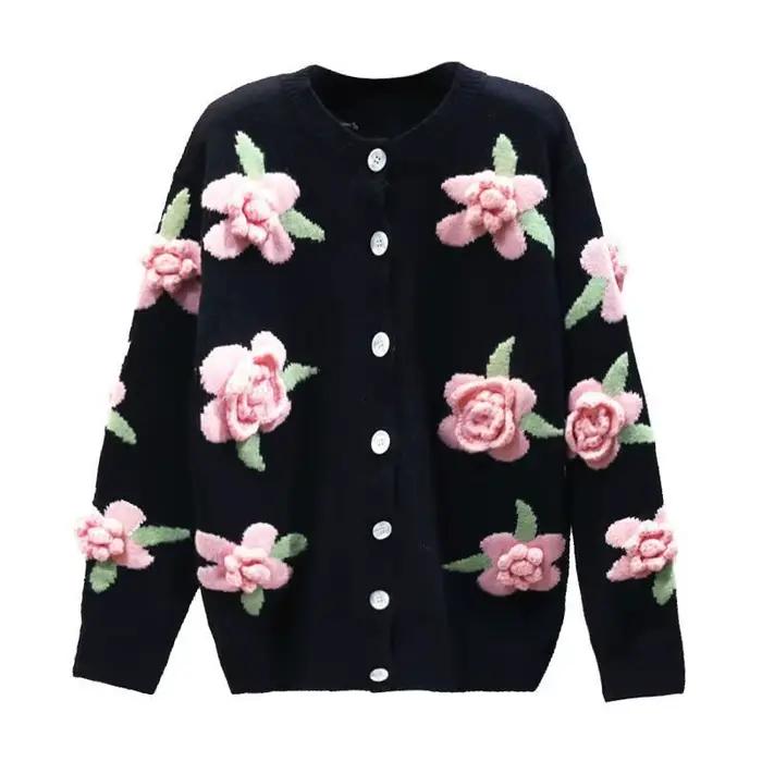 Cardigan en tricot à col rond pour femme, pull à fleurs, automne/hiver