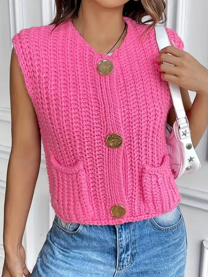 Cardigan en crochet sans manches pour femme avec boutons métalliques et poches