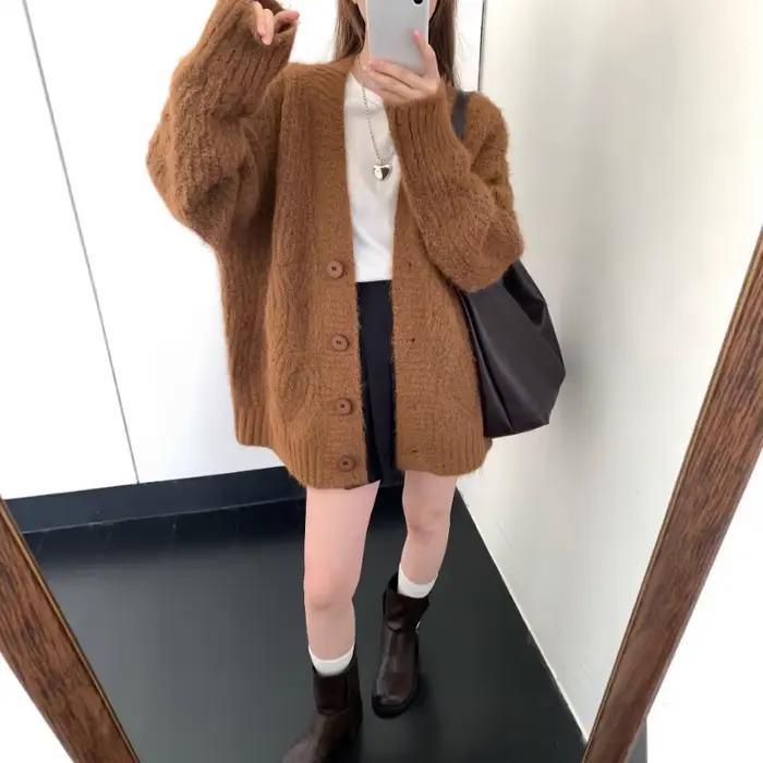 Manteau Cardigan tricoté Long à col en v, chaud et paresseux, manteau pull pour femme, automne et hiver