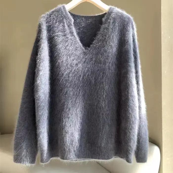 2025 doux couleur unie Mohair pull automne et hiver paresseux vent
