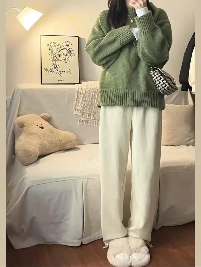 Pull vert à col rond pour femme style rétro japonais confortable automne hiver selaitailye