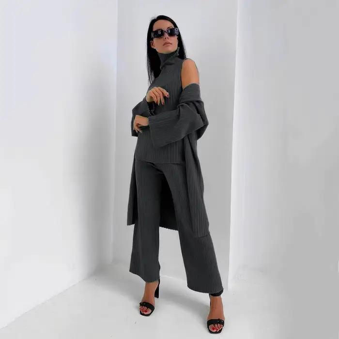 Ensemble trois pièces cardigan pour femmes, couleur unie, élégant et confortable pour l'automne hiver, offre spéciale nouvelle collection 2025