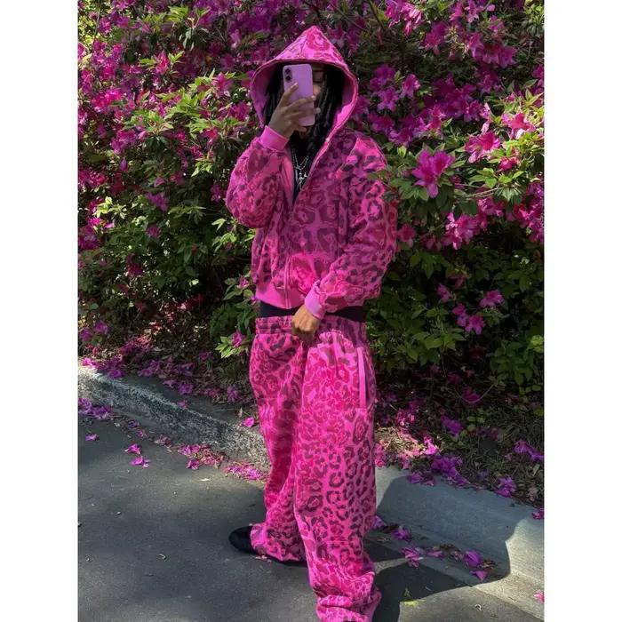 Trendy marque nouvelle européenne et américaine imprimé léopard cardigan à capuche haut lâche décontracté hip-hop pantalon large jambe ensemble