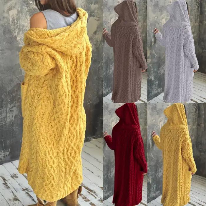 Cardigan à Capuche Tressé et Long pour Femme