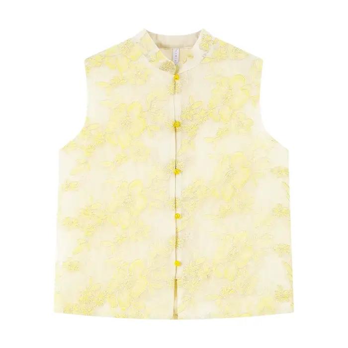 Gilet Femme Vimly Été 2026 Décontracté Broderie Florale Jaune Col Montant Occasions Spéciales et Journées Estivales