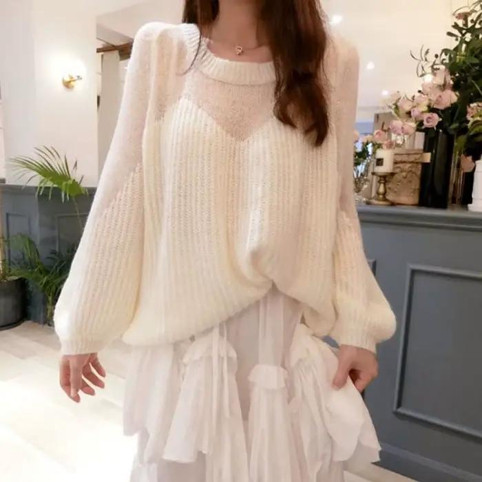 Chandail tricoté pour femmes Coquette Rose Ample style coréen confortable et élégant pour femmes saison automne hiver manches longues col rond polyester coton acétate ample ajustement lâche