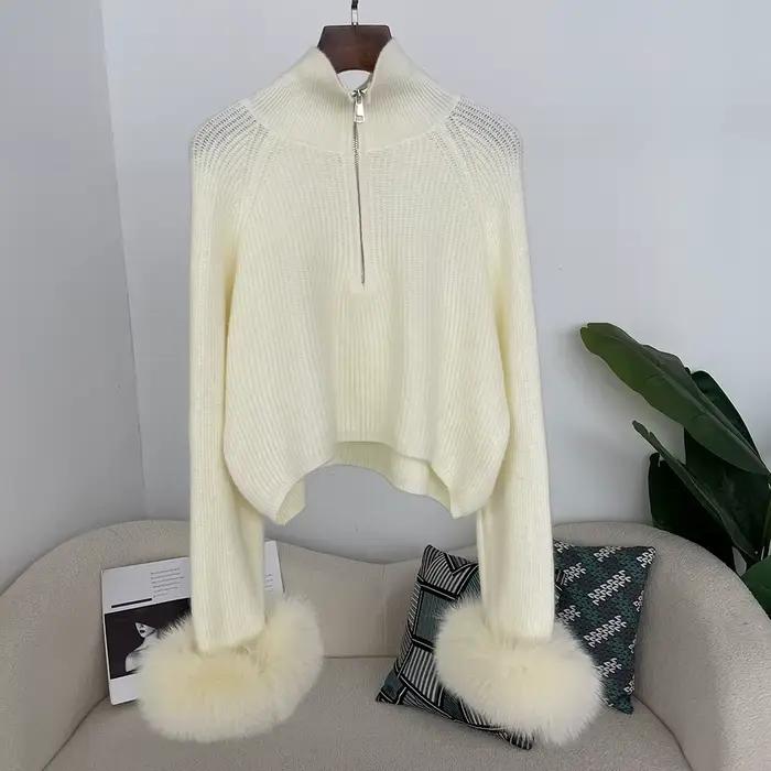 DEBAIFUR 2025 nouveau hiver doux pull fourrure de renard manchette dame mode Cardigan comprend laine femmes col haut