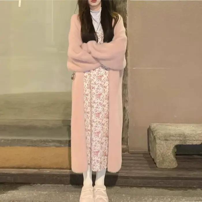 Cardigan long blanc pour femme style coréen chaud et vintage automne hiver Polyester Acrylique Coupe ample Col en V Haute élasticité Occasions spéciales