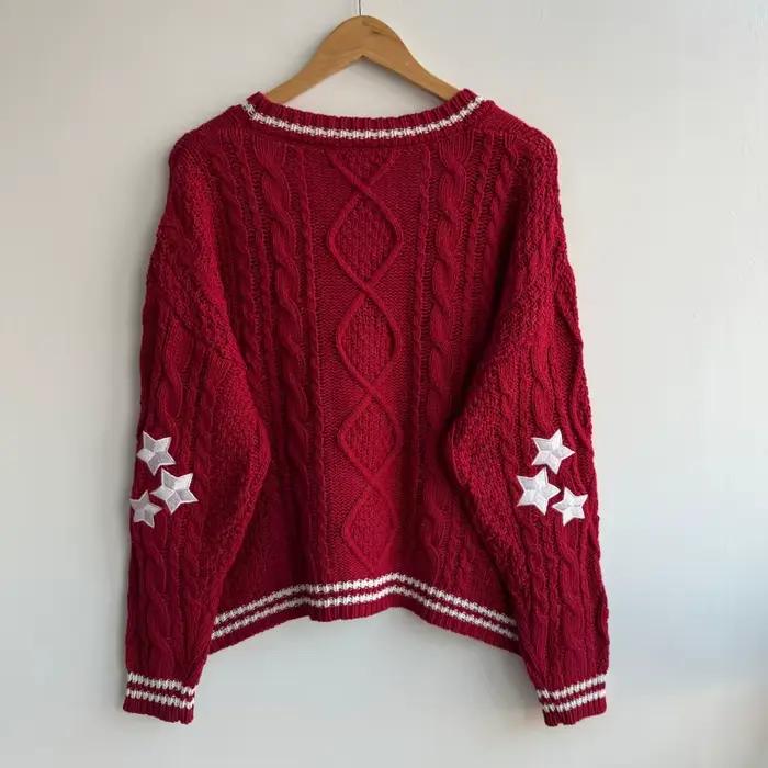 Cardigan Rouge Brodé d'Étoiles Pour Femme Occasion Spéciale Décontracté Coupe Ample Automne Hiver