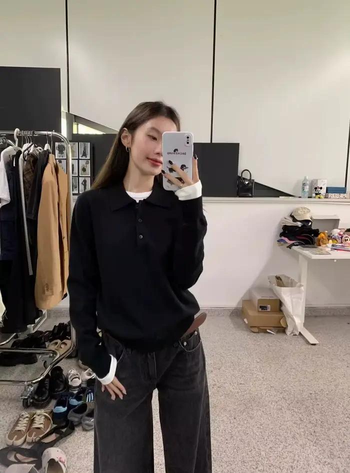 Haut en tricot à col polo brodé pour femmes style décontracté polyvalent coupe ample manches longues pull confortable automne hiver