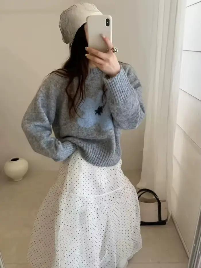 Nouveau Floral Jacquard Vintage pulls pour femmes automne hiver vêtements col rond Pull décontracté coréen tricoté Chic