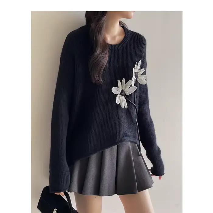 Pull rétro à fleurs tridimensionnelles pour femmes automne hiver polyester confortable occassions spéciales