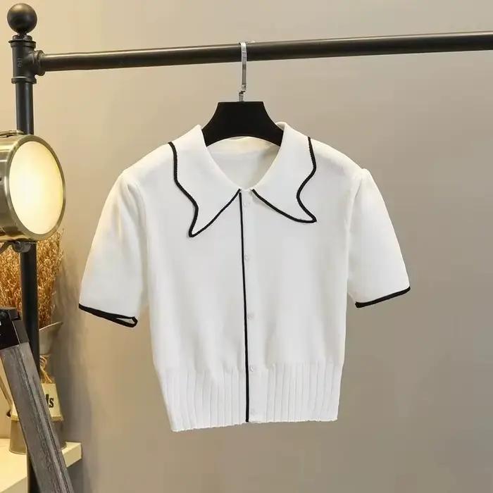 Pull en viscose mode coréenne bloc de couleurs col à revers manches princesses pour femmes printemps été