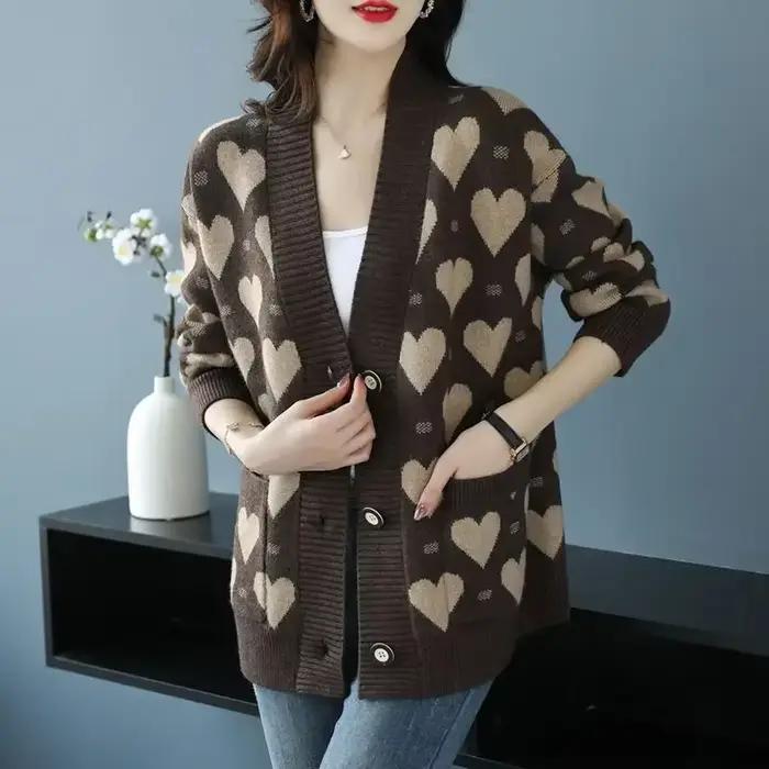 Cardigan femme hiver 2025 vintage patchwork col en V coupe ample polyester acétate automne noir bleu ciel vert armée occassions spéciales