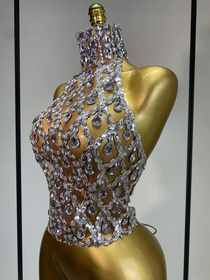 Haut transparent en maille à paillettes et strass scintillants pour femmes, dos nu, soirée, spectacle, tenue de nuit élégante