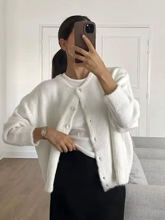 Cardigan tricoté en laine grise pour femme bouton élégant pull grande taille tricots Cardigans nouveau hiver automne vêtements gris rouge blanc