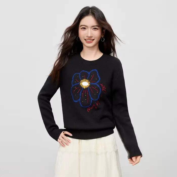 Pull Sentubila Femme Jacquard Floral à Manches Complètes en Polyester, Acrylique, Laine et Élasthanne, Avec Broderie, Taille Ample, Pour Femmes de 25 à 34 Ans, Occasions Professionnelles et Sociales ```