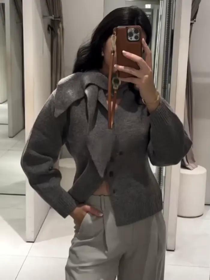 HH femmes printemps décontracté mince pull manteaux col écharpe simple boutonnage manches longues Cardigans femme mode solide tricoté hauts