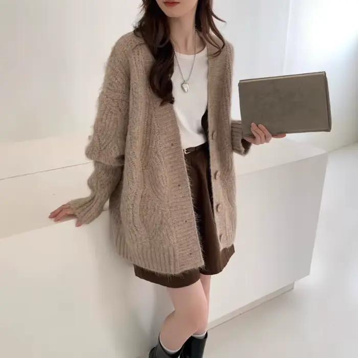Manteau Cardigan tricoté Long à col en v, chaud et paresseux, manteau pull pour femme, automne et hiver