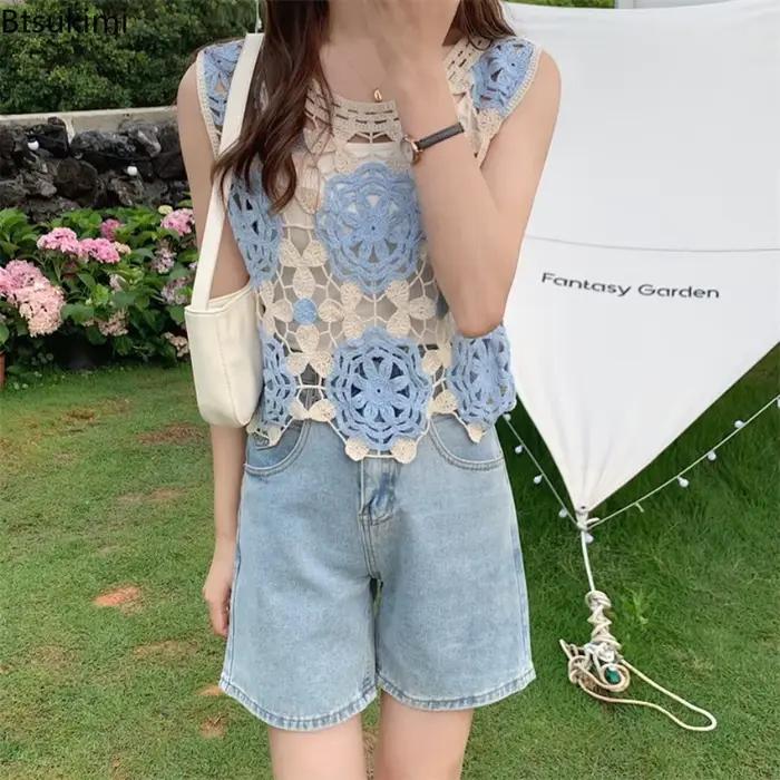 Nouveau pull court en maille ajourée brodé de fleurs au crochet pour femme 2026 – Blouse bohème de plage