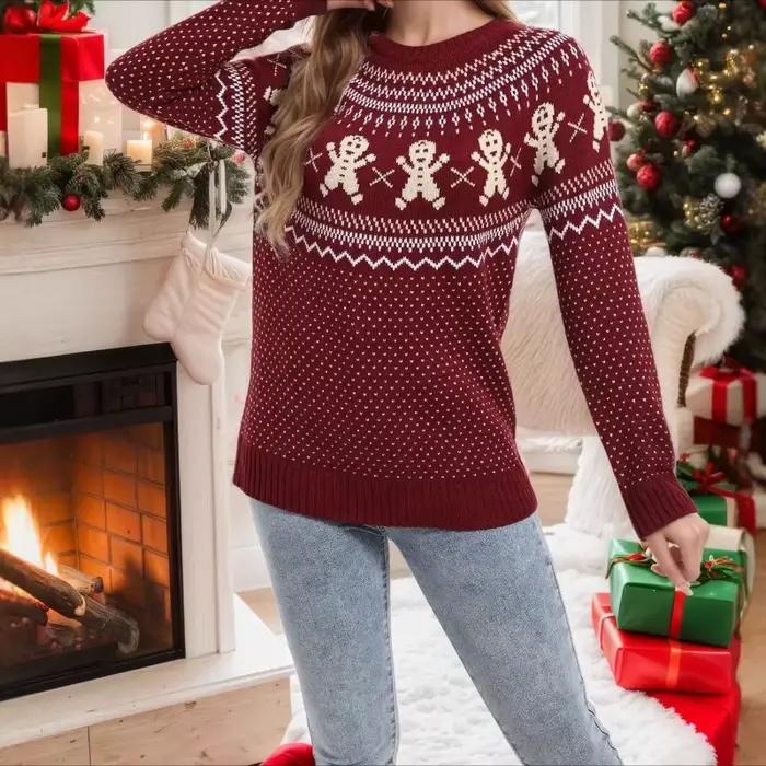 2025 automne et hiver pull de noël en vrac tricoté à pois flocon de neige dessin animé femmes