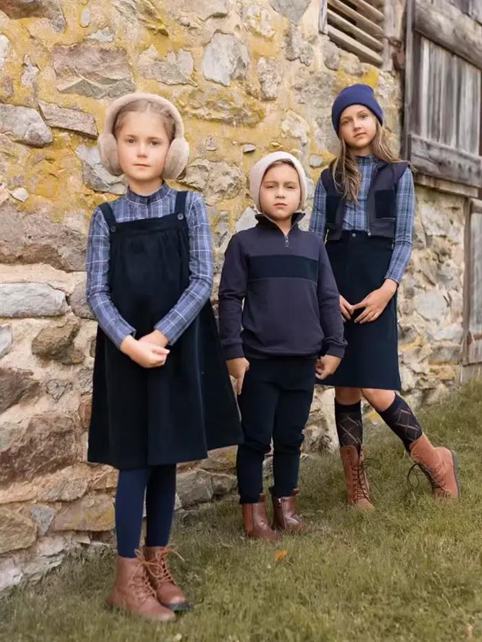 AP 2025 AW collection velours côtelé bleu marine enfants filles garçons pull robe jupe famille correspondant vêtements