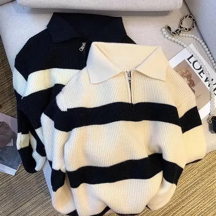 Smvp femmes col rabattu rayé pull Vintage ample à manches longues tricots femme automne hiver chaud tricoté