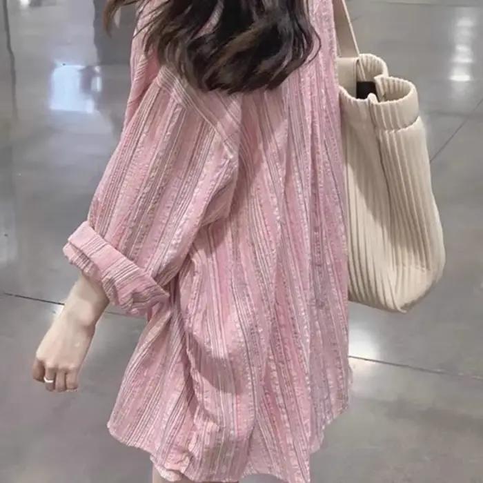 Cardigan paresseux chemise haute ample rose chemise rayée veste femmes