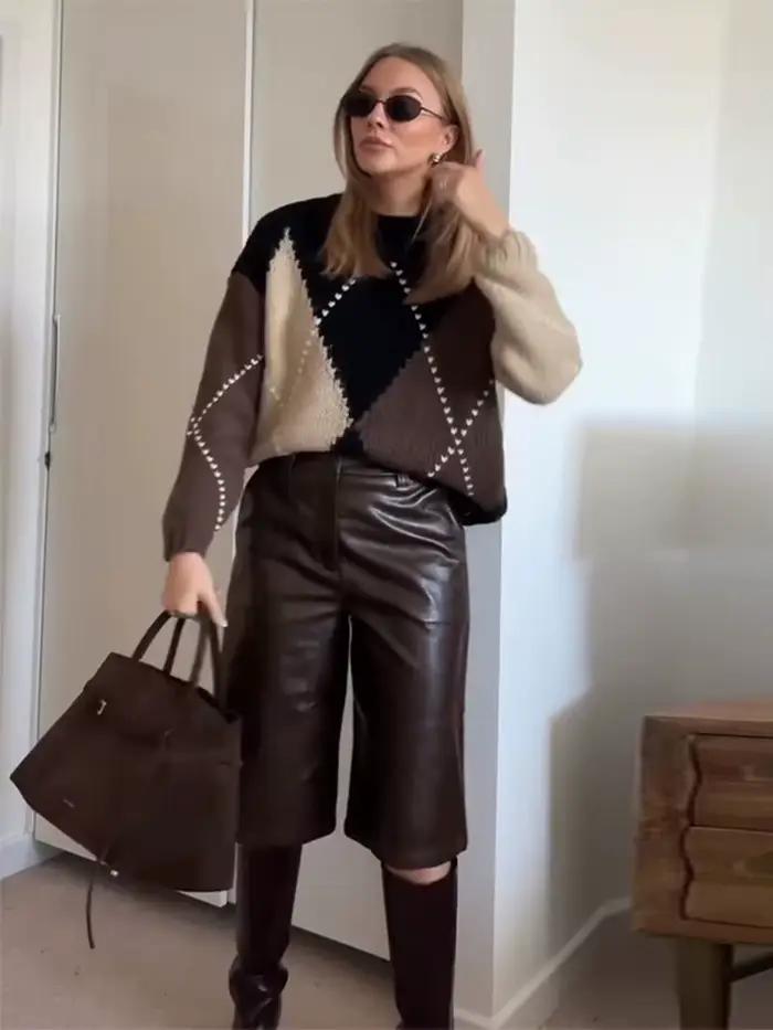 Plaid tricoté femmes pull 2025 automne hiver nouvelle mode manches longues impression
