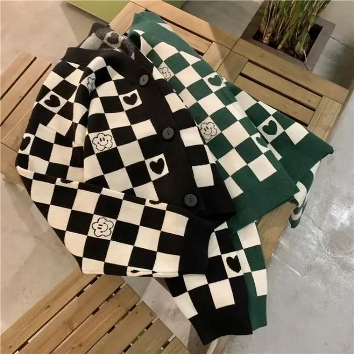Veste pull en damier ample décontractée pour femme automne hiver élégance confort occasionnels