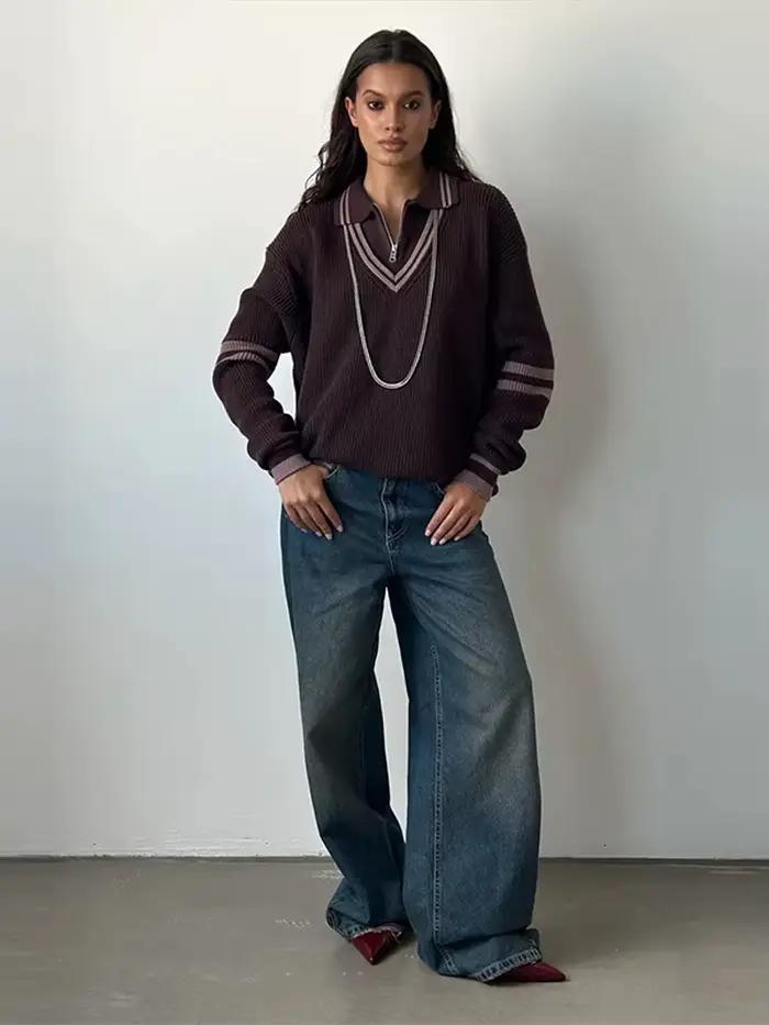 Mode col Polo tricoté Patchwork haut femmes