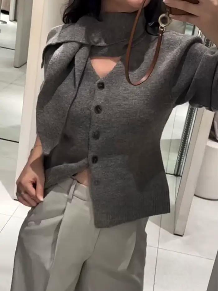 HH femmes printemps décontracté mince pull manteaux col écharpe simple boutonnage manches longues Cardigans femme mode solide tricoté hauts