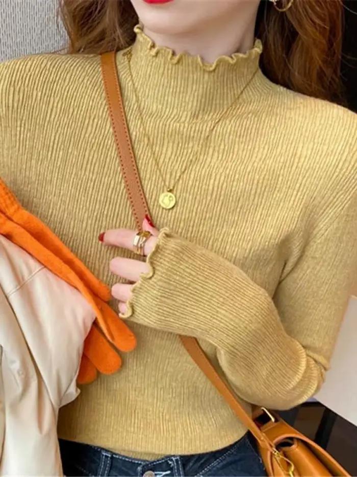 Pull col roulé froncé pour femme, tricoté moulant sexy rose blanc, nouvelle collection automne hiver 2026, très élastique et tendance, bureau dame, polyester et coton, taille unique