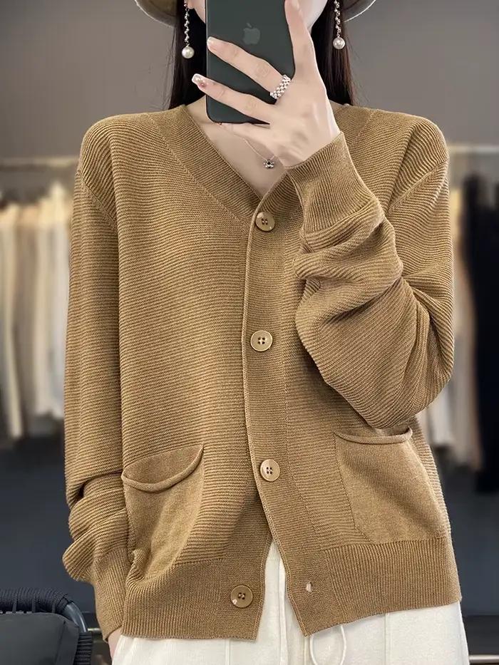 Pull cardigan en lin à manches longues et col en V pour femmes