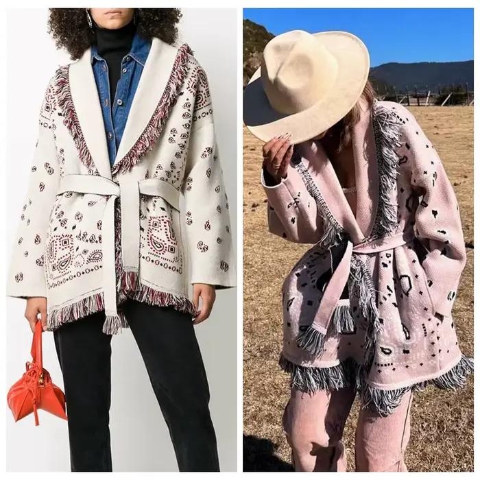 Cardigan long en cachemire de luxe pour femmes 2026 | Manteau d'hiver oversize en jacquard bohème rose avec pompons