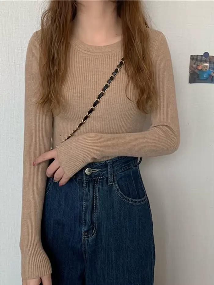 Nouveau Pull Femme 2026 Automne Hiver Manches Longues Col Rond Basique Tendance Élastique Tricoté Uni