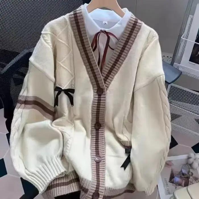Cardigan Femme Y2K Élégant à Col en V Couleur Contrastée Pour Occasions Spéciales Casual Chic