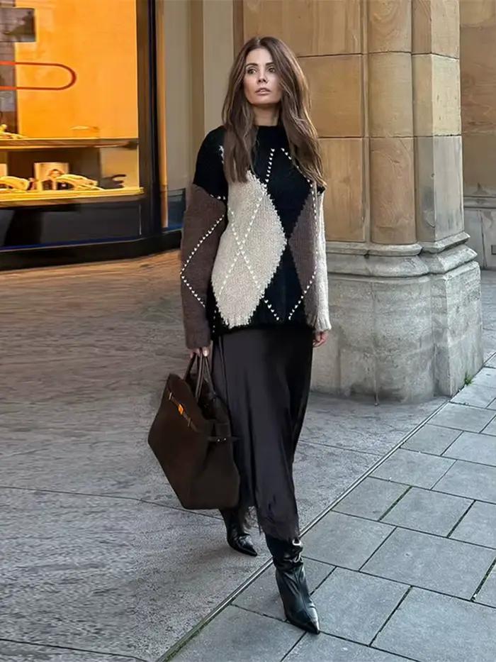 Pull tricoté à carreaux pour femmes