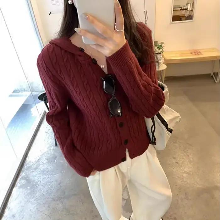 Cardigan tricoté à capuche et manches longues pour femme