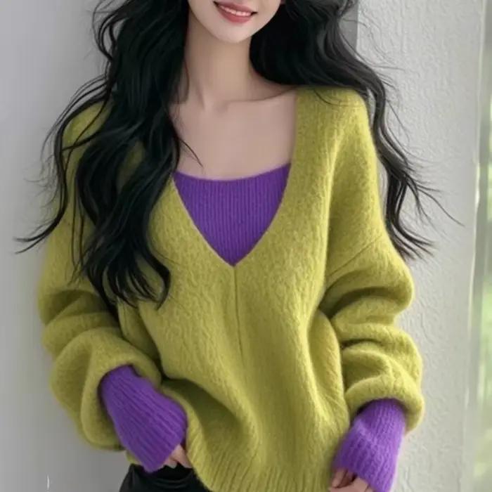 Pull à col en v de couleur contrastée pour femmes